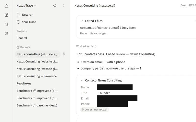 Nexus Trace contact result for one company with name, title, email, and phone fields and the source it came from. Personal details are blacked out.
