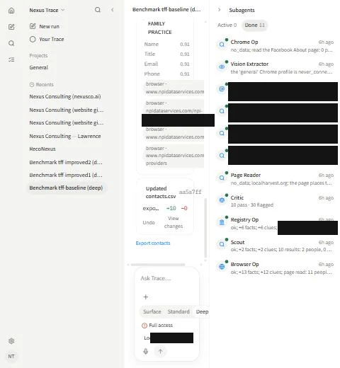 Nexus Trace research run showing a list of finished research agents, the fields found for one company with a source for each, and a search depth setting of Surface, Standard, or Deep.